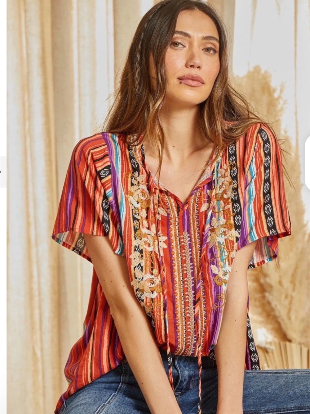 Savanna Jane Floral Embroidered Striped Short Sleeve Top.